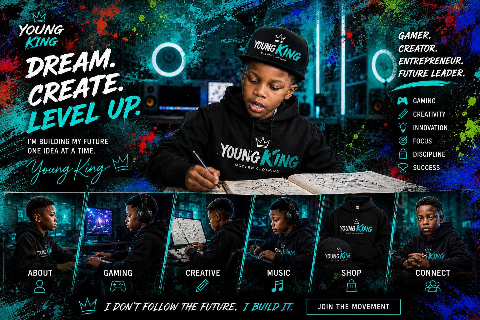 Dream. Create. Level Up. — Young King at his desk